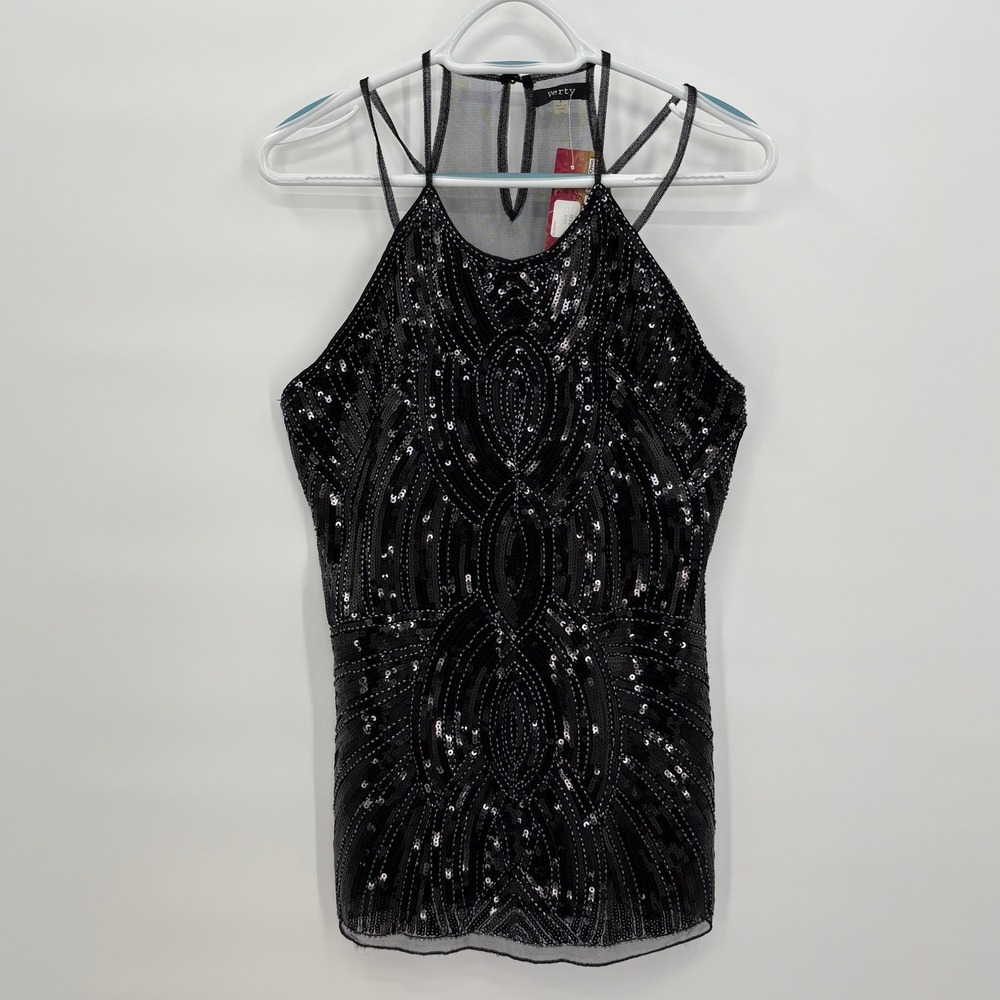 Verty Womens Black Sequin Art Deco Halter Top‎ Caged Back Size L MY-M5060 NEW